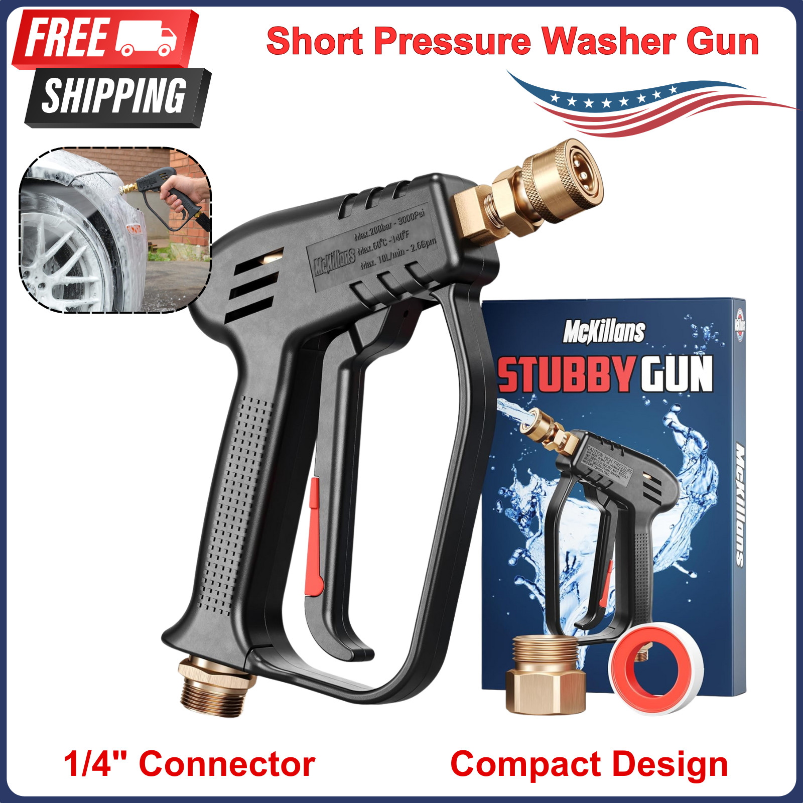 McKillans Short Pressure Washer Gun with Replacement M22 Inlet w/ 1/4″ Connector
