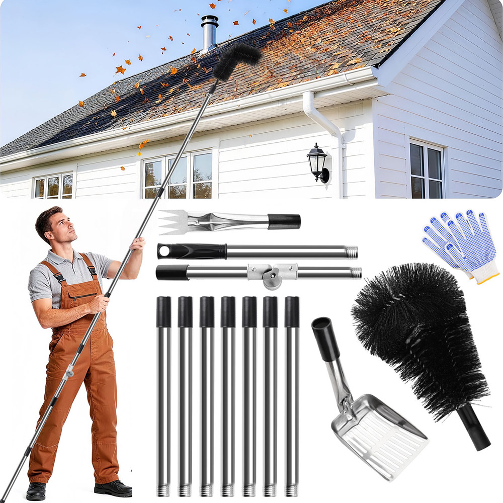 3-in-1 Gutter Cleaning Tools w/ Brush Rake Scoop Glove 180° Adjustable Pole