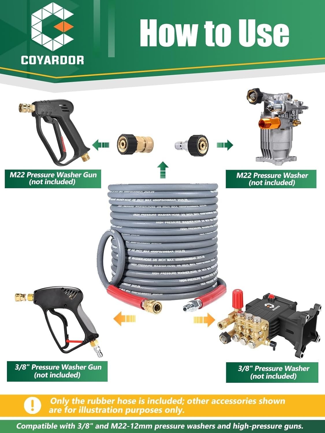 COYARDOR 4500 psi 3/8″ Rubber Pressure Washer Hose for Hot Water Non Marking