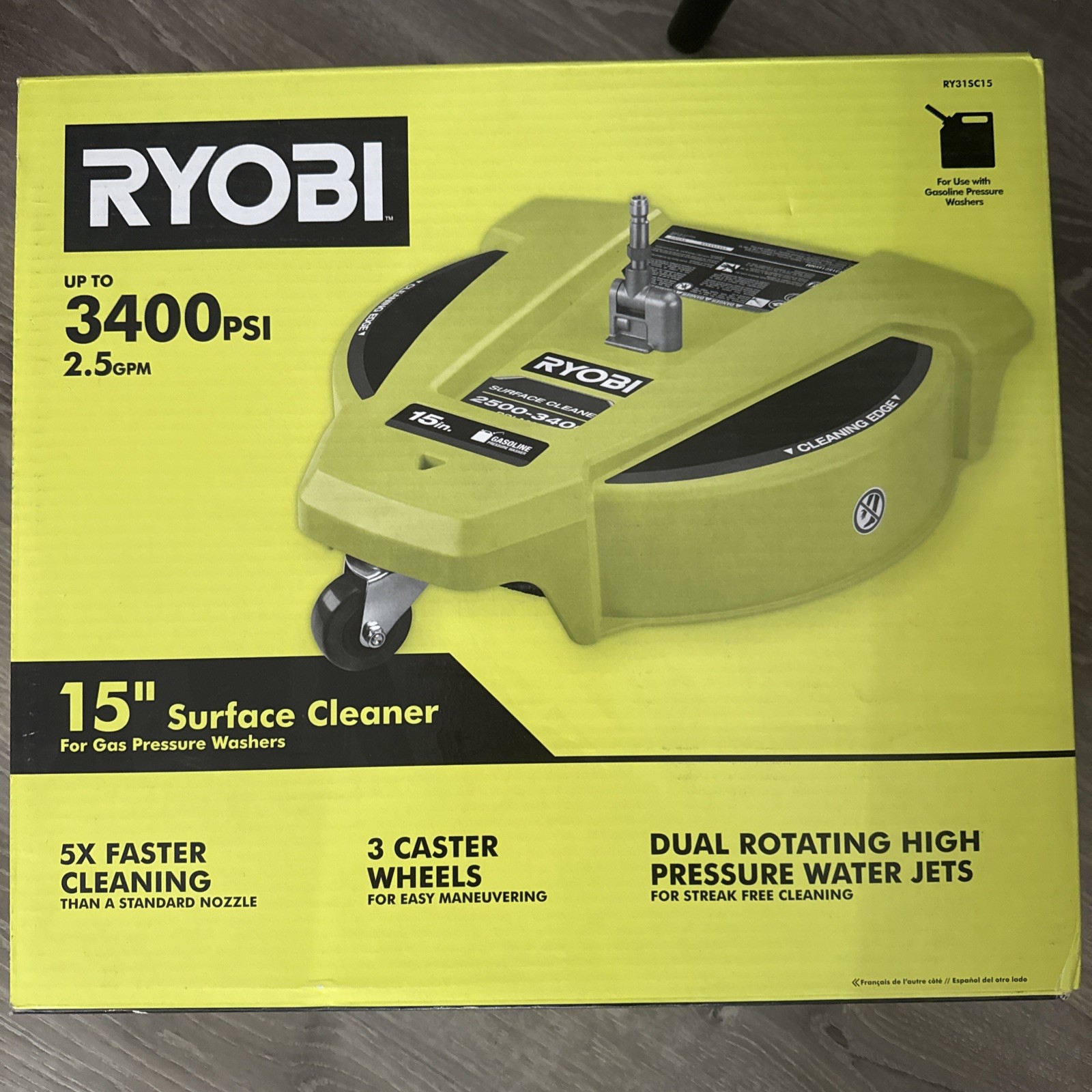 RYOBI 15″ 3400 PSI Gas Pressure Washer Surface Cleaner w/Caster Wheels RY31SC15