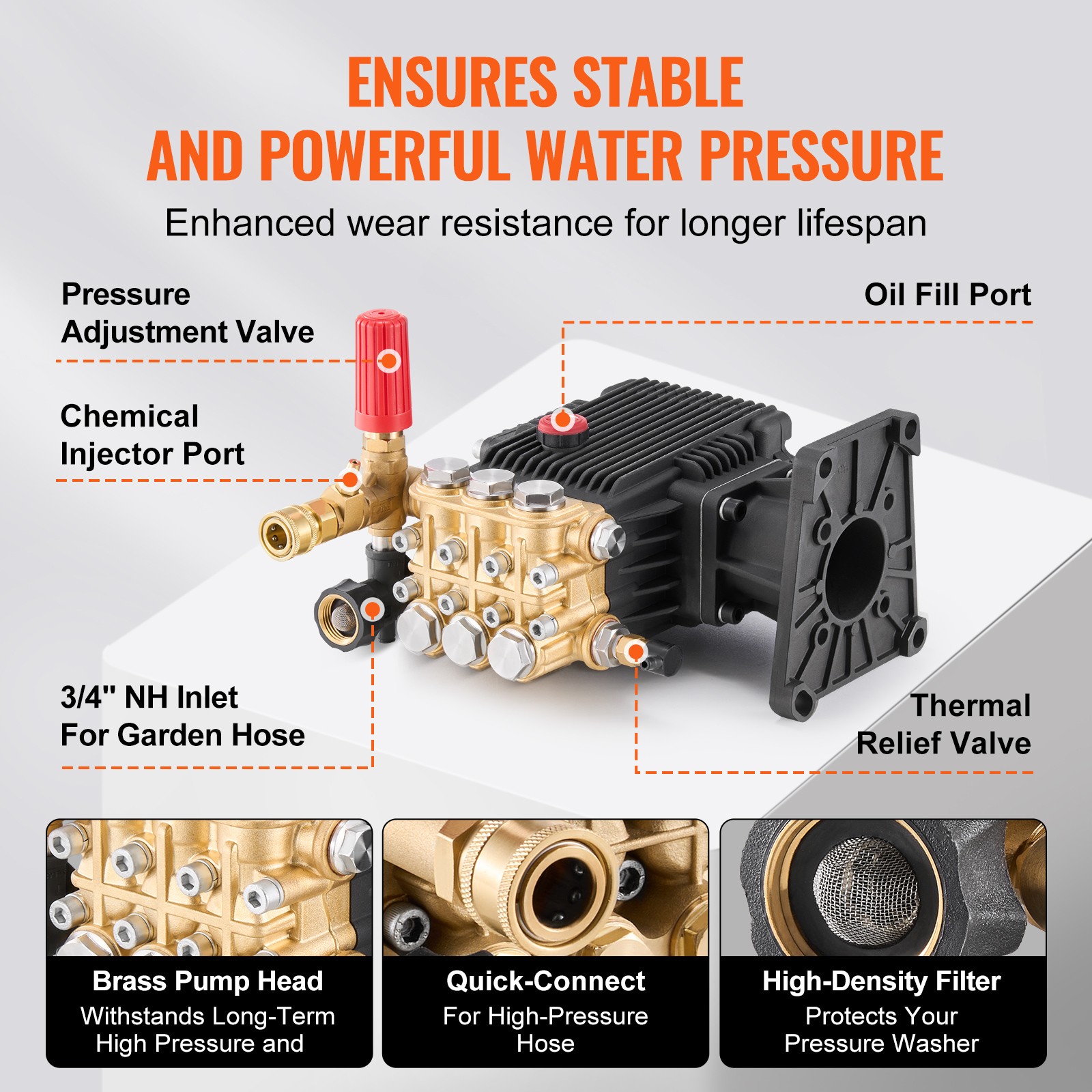 VEVOR Pressure Washer Pump 1″ Shaft Horizontal Triplex Plunger 4400 PSI 4.4GPM