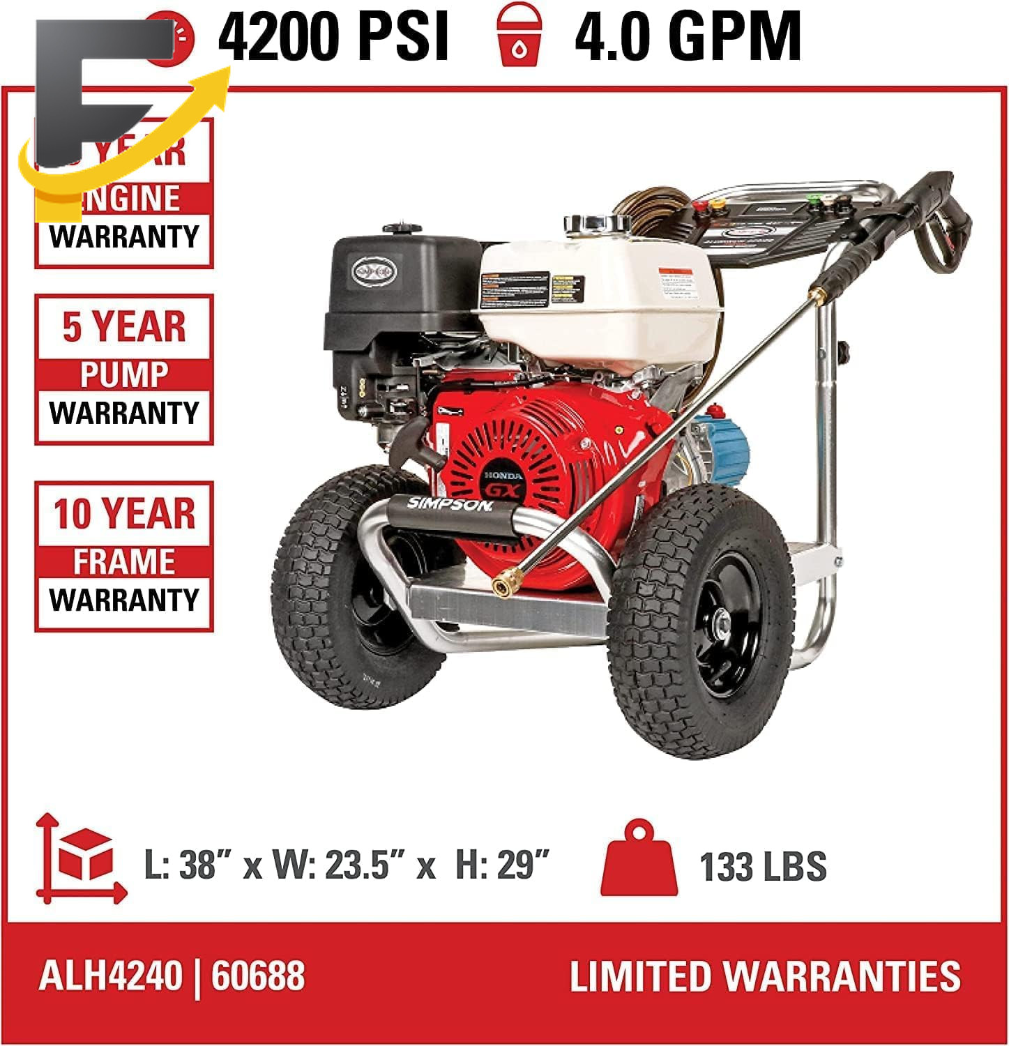Simpson Cleaning 4200 PSI Gas Pressure Washer 4.0 GPM Power Washer for Commerci