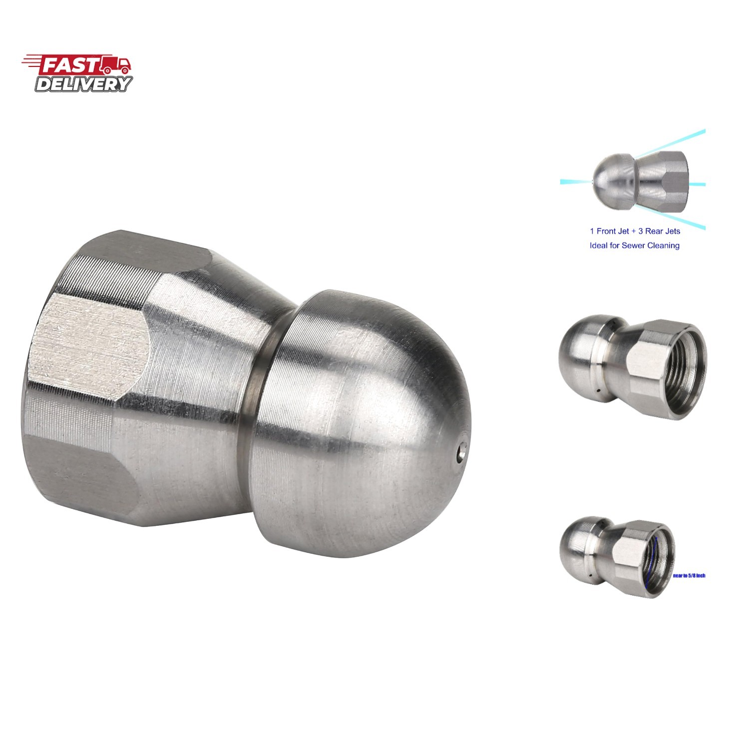 Stainless Steel Fixed Sewer Jet Nozzle, Button Nose 3/8” NPT Female 4.0 Orif…