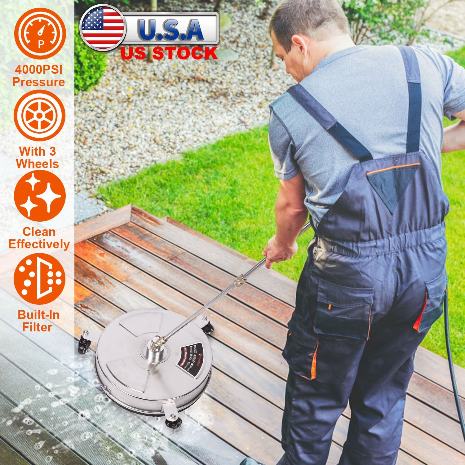 15″ Surface Cleaner 4000PSI Stainless Steel Pressure Washer W/ 3 Wheels& 2 Wands