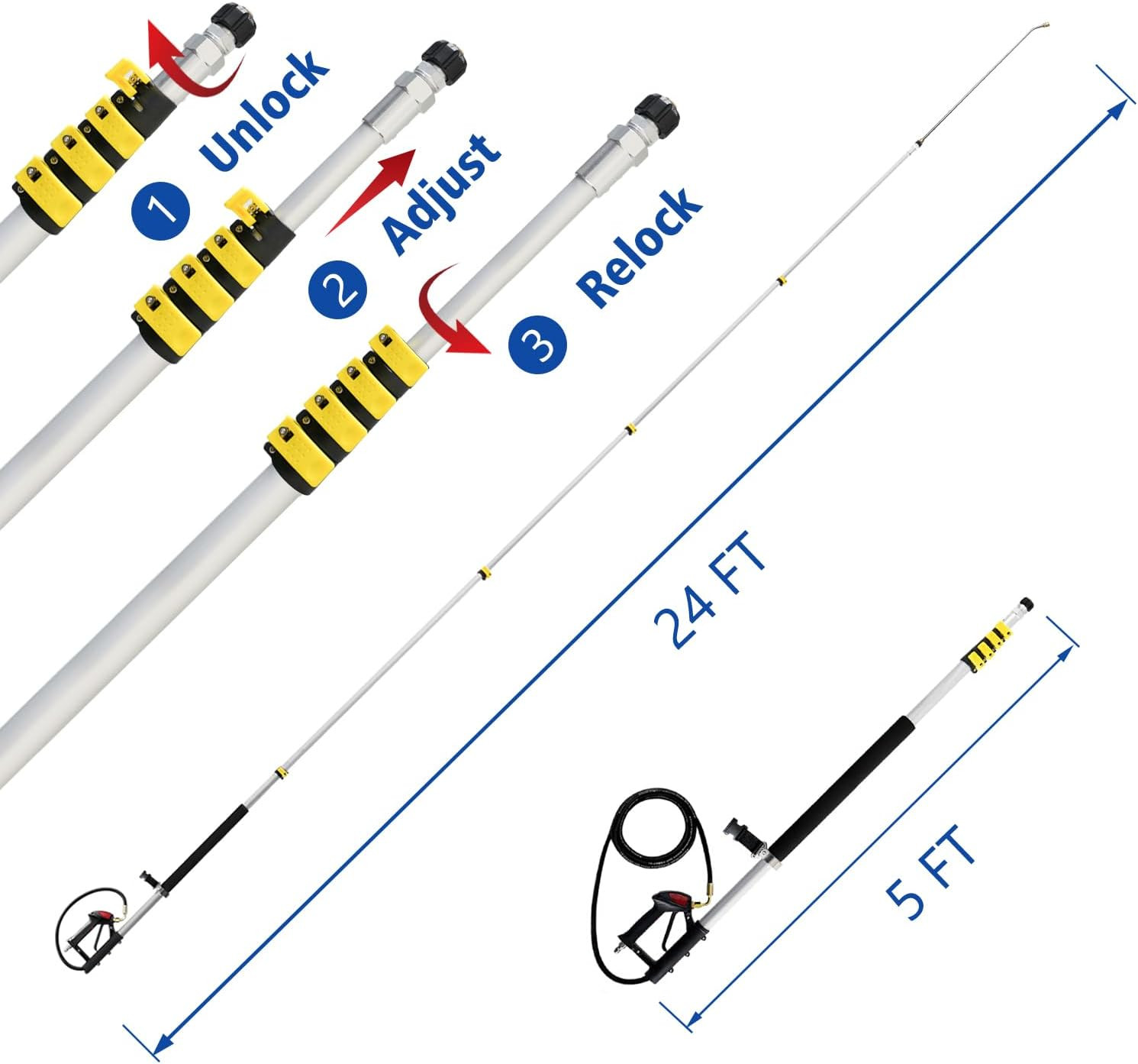 24FT Telescoping Pressure Washer Extension Wand with Brush Head,Power Washer Ext