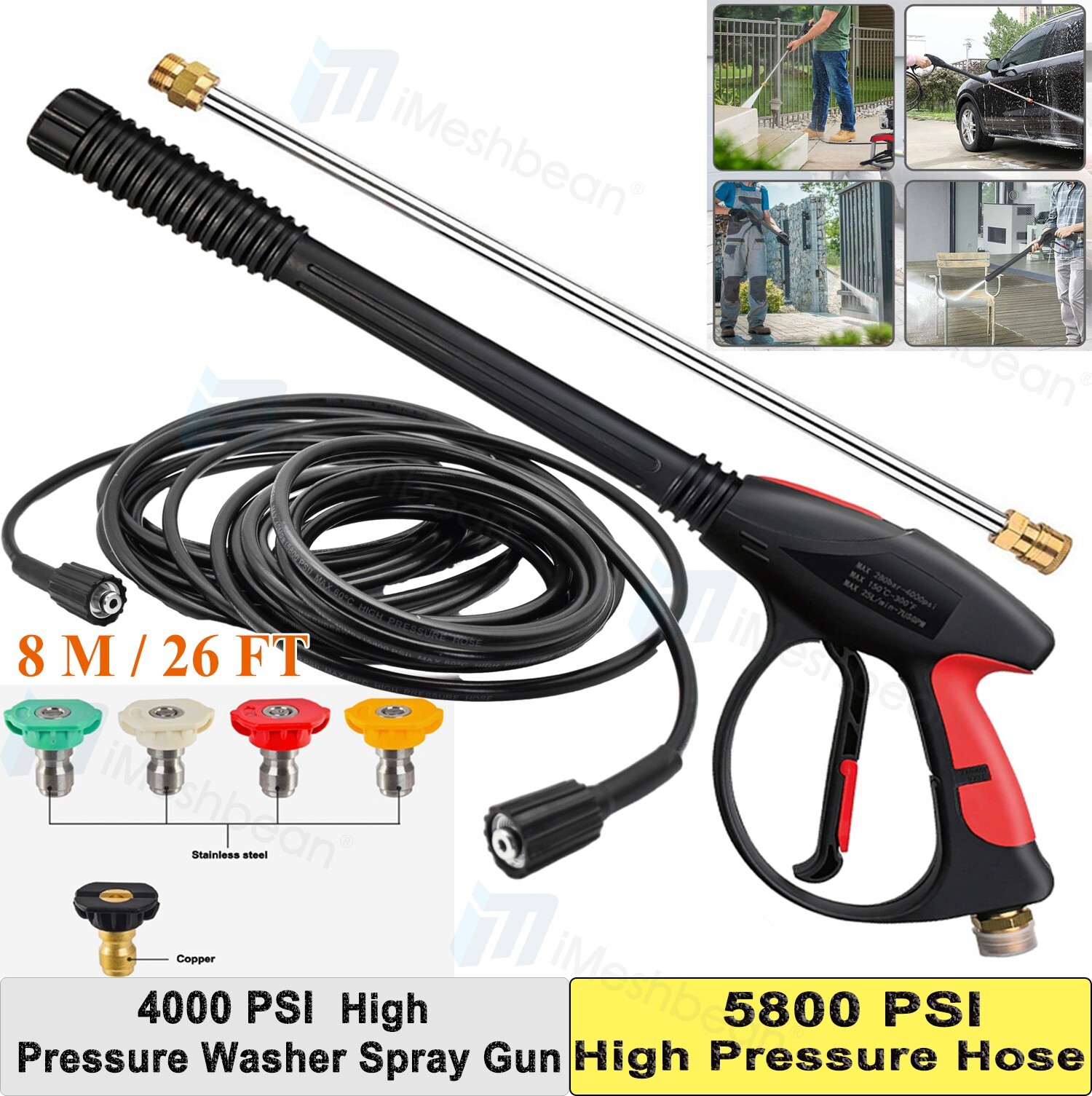 High Pressure 4000PSI Car Power Washer Gun Spray Wand Lance Nozzle and 26FT Hose