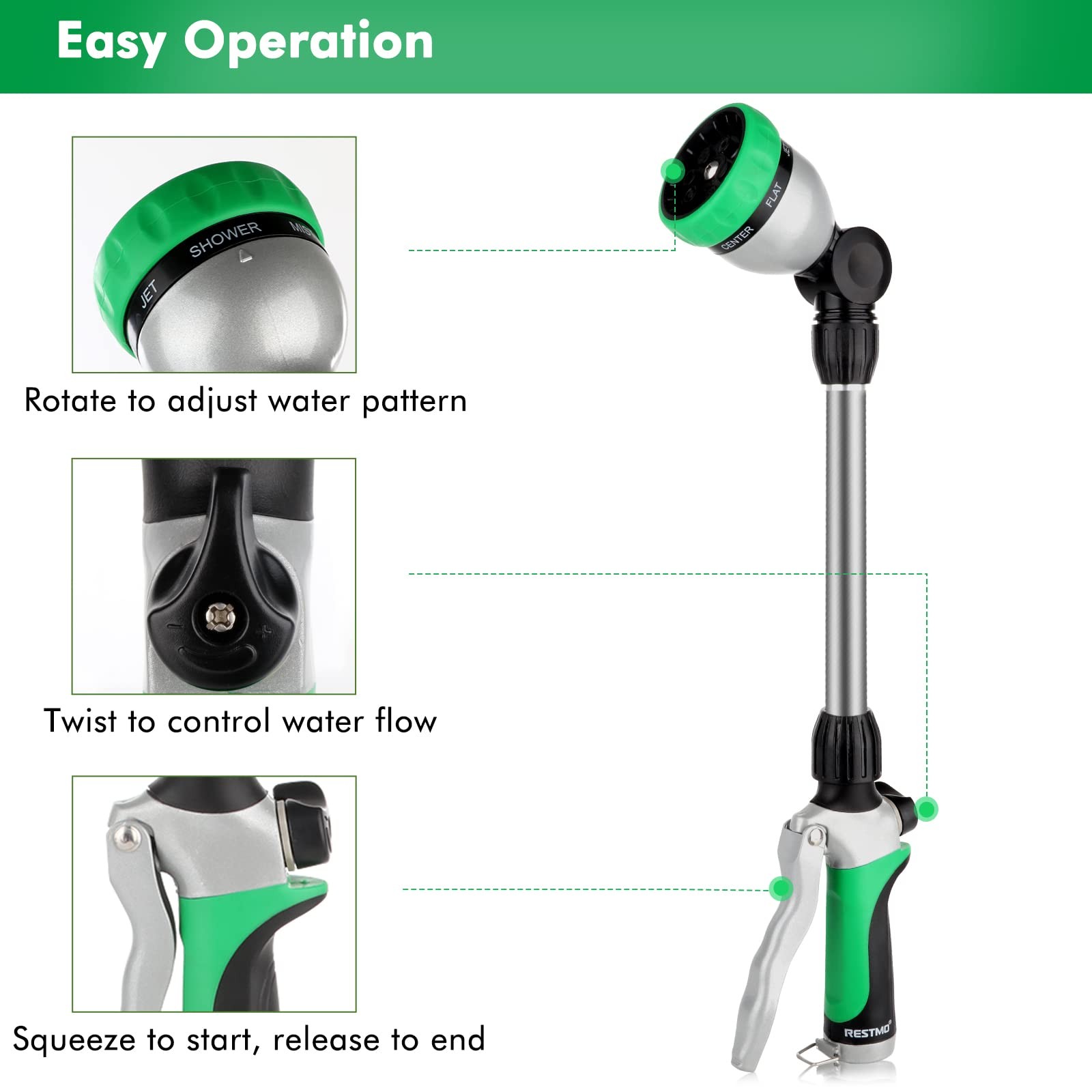 Metal Watering Wand, Heavy Duty Garden Hose Wand with 180° Swivel Ratcheting Hea