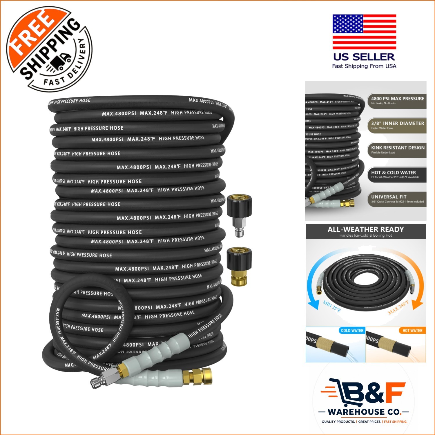Ultra-Flexible 200FT 3/8″ High Pressure Washer Hose, 4800 PSI with M22 Fittings