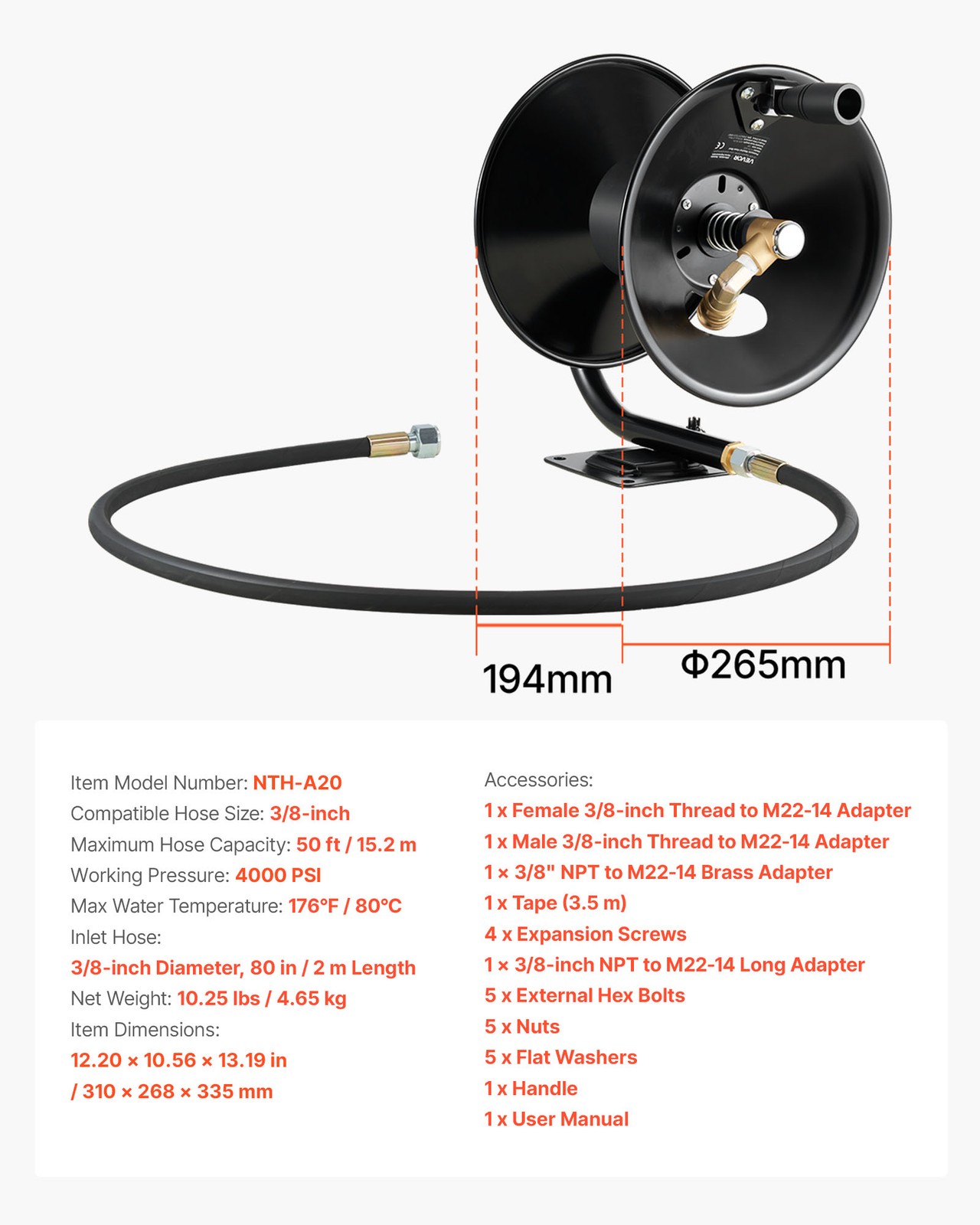 VEVOR Pressure Washer Hose Reel 50 ft x 3/8 inch Steel Wall Floor Mount 4000PSI