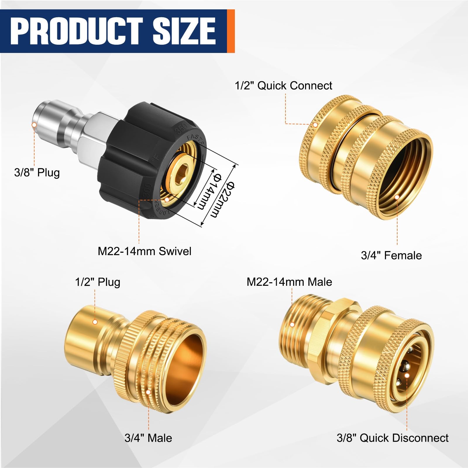 9 PCS Pressure Washer Adapter Set Brass Quick Disconnect M22 Swivel 3/8 Inch