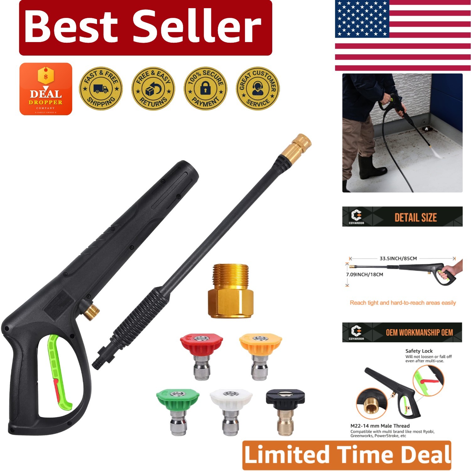 Elite Pressure Washer Gun with Brass Extension Wand & 5 Nozzle Tips, 2320 PSI