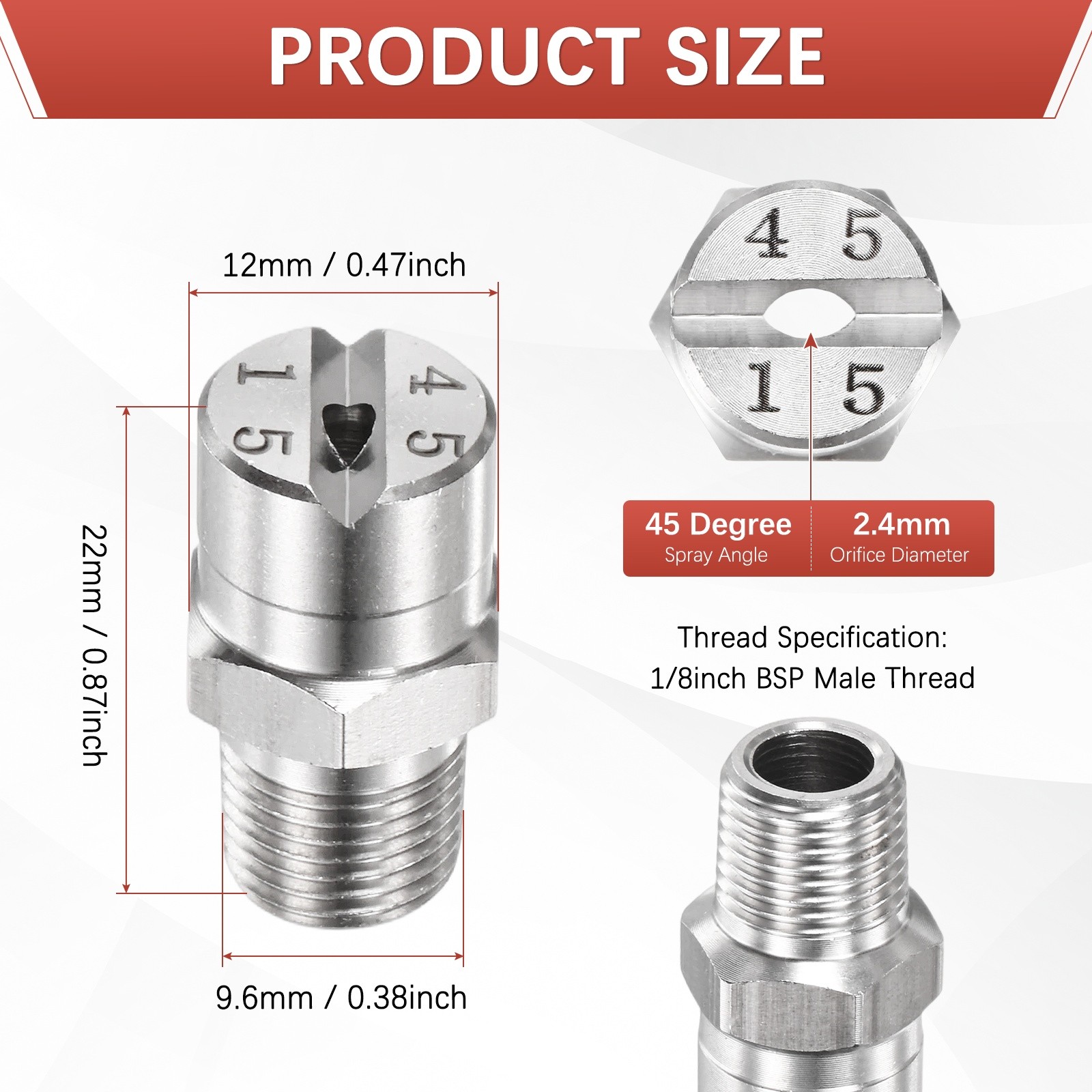 1/8″BSP 45° Flat Fan Spray Tip [3PCS] – Pressure Washer Nozzles [2.4MM]