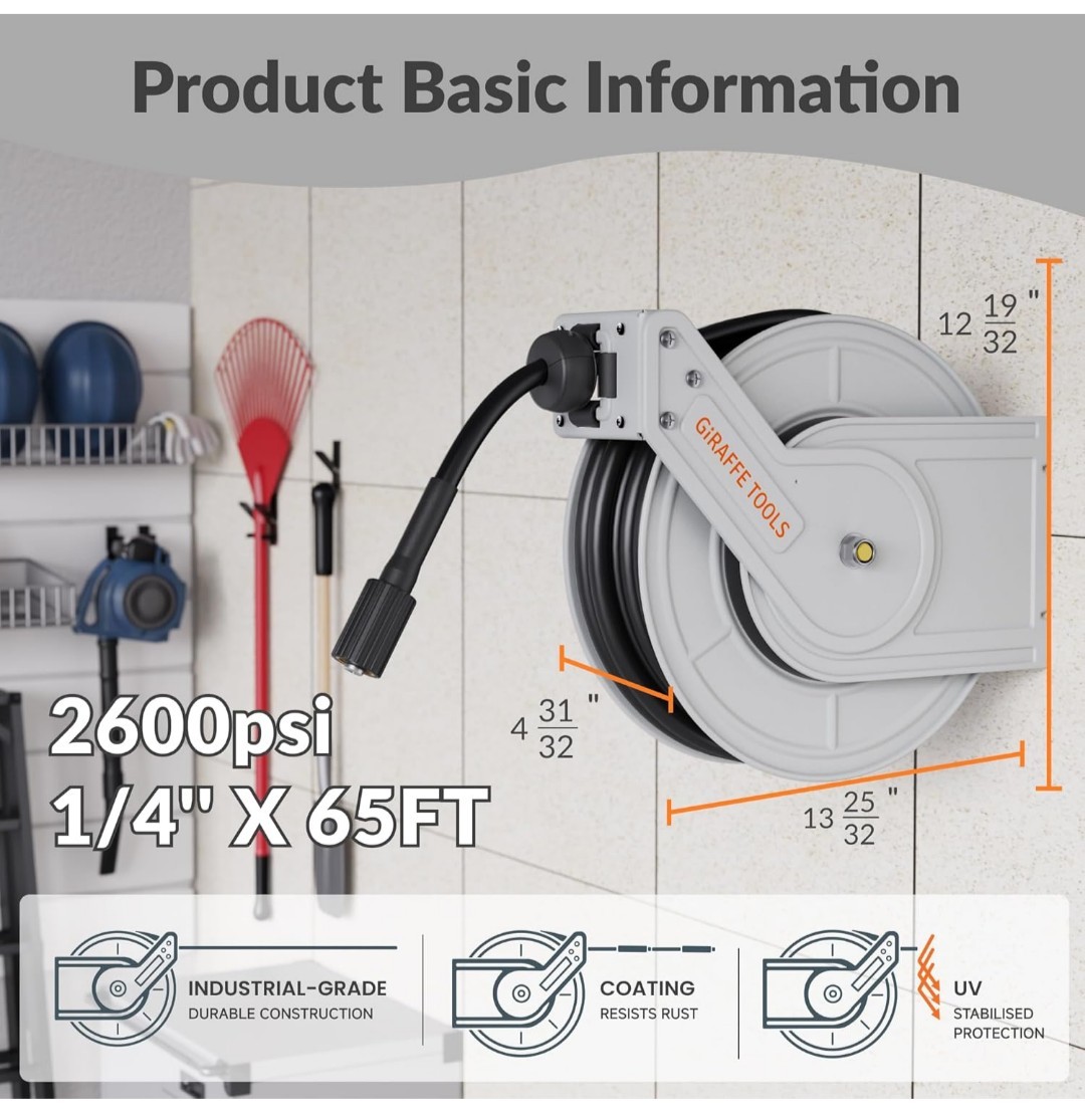 Giraffe Tools 3200PSI Pressure Washer Hose Reel 1/4″ x 65 ft Retractable Hose