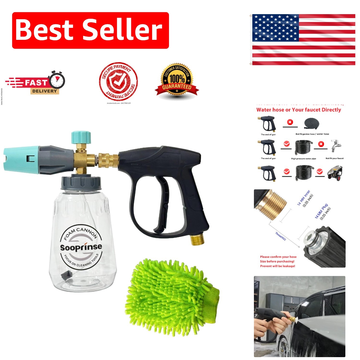 Compact High-Pressure Washer Gun with Adjustable Foam Cannon & 0.98 lb Weight