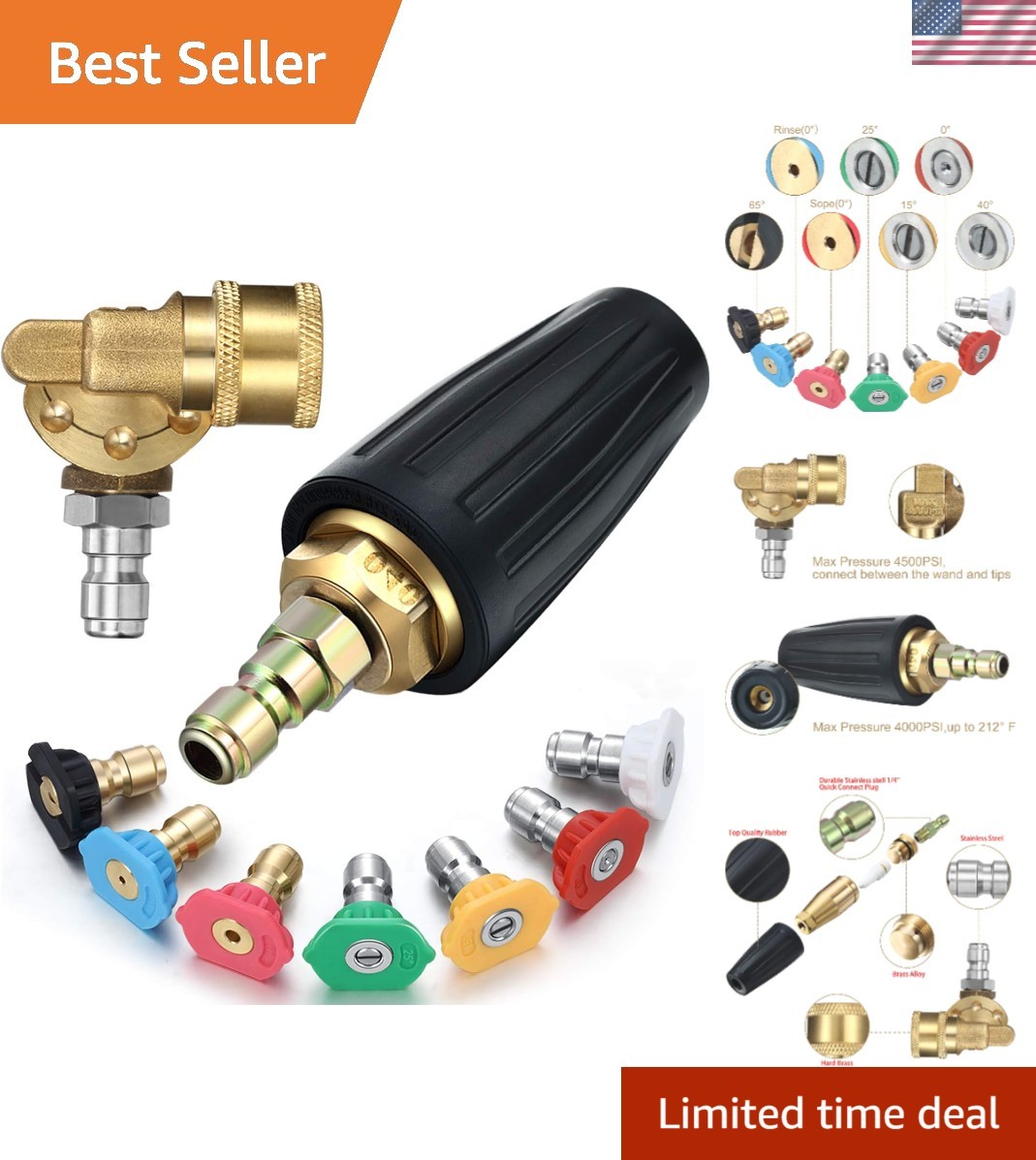 Efficient 4000 PSI Rotating Turbo Nozzle & 4500 PSI Coupler for Pressure Washers