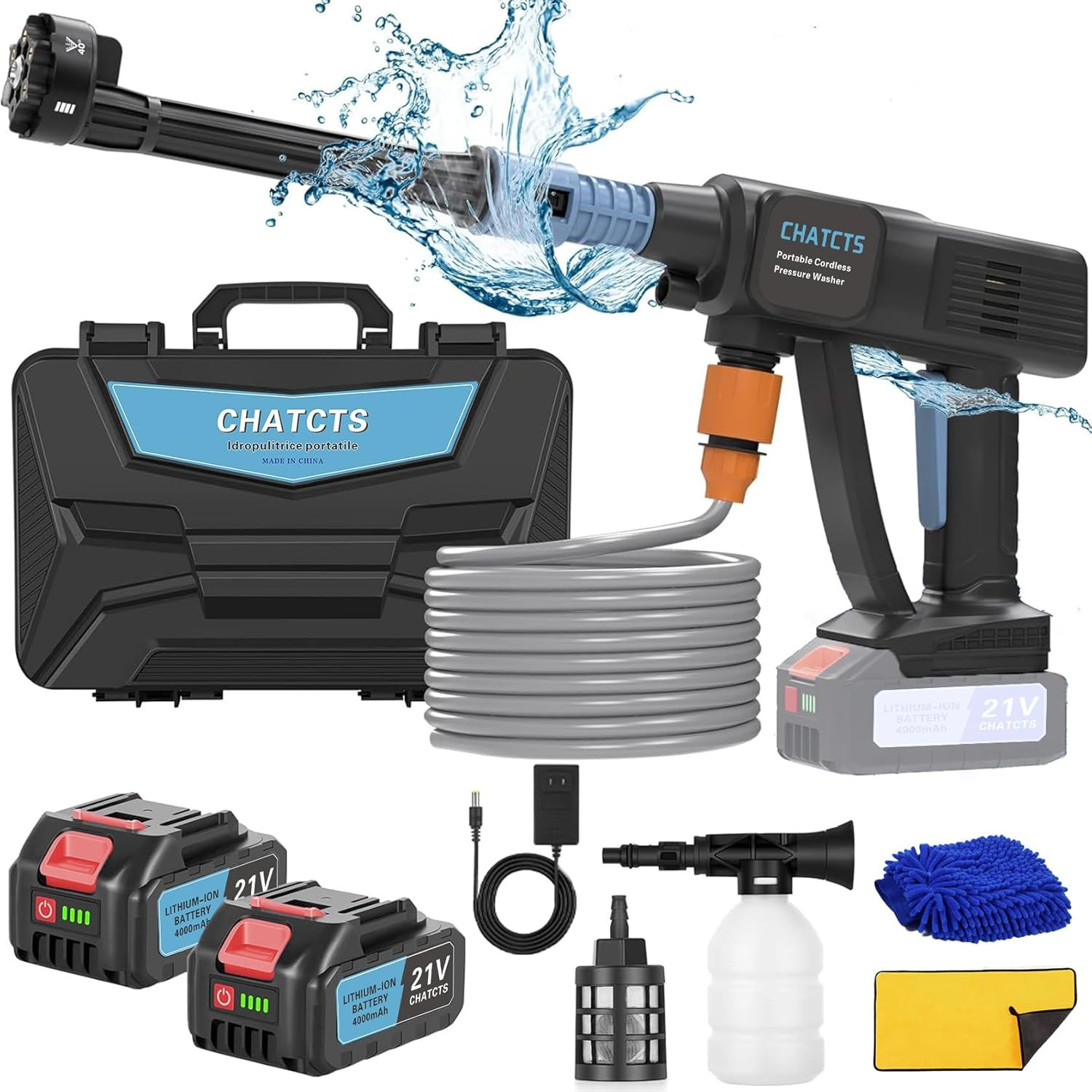 Portable Cordless Washer, Cordless Car Washer with 2 Batteries, 6 in 1 Nozzle, 5
