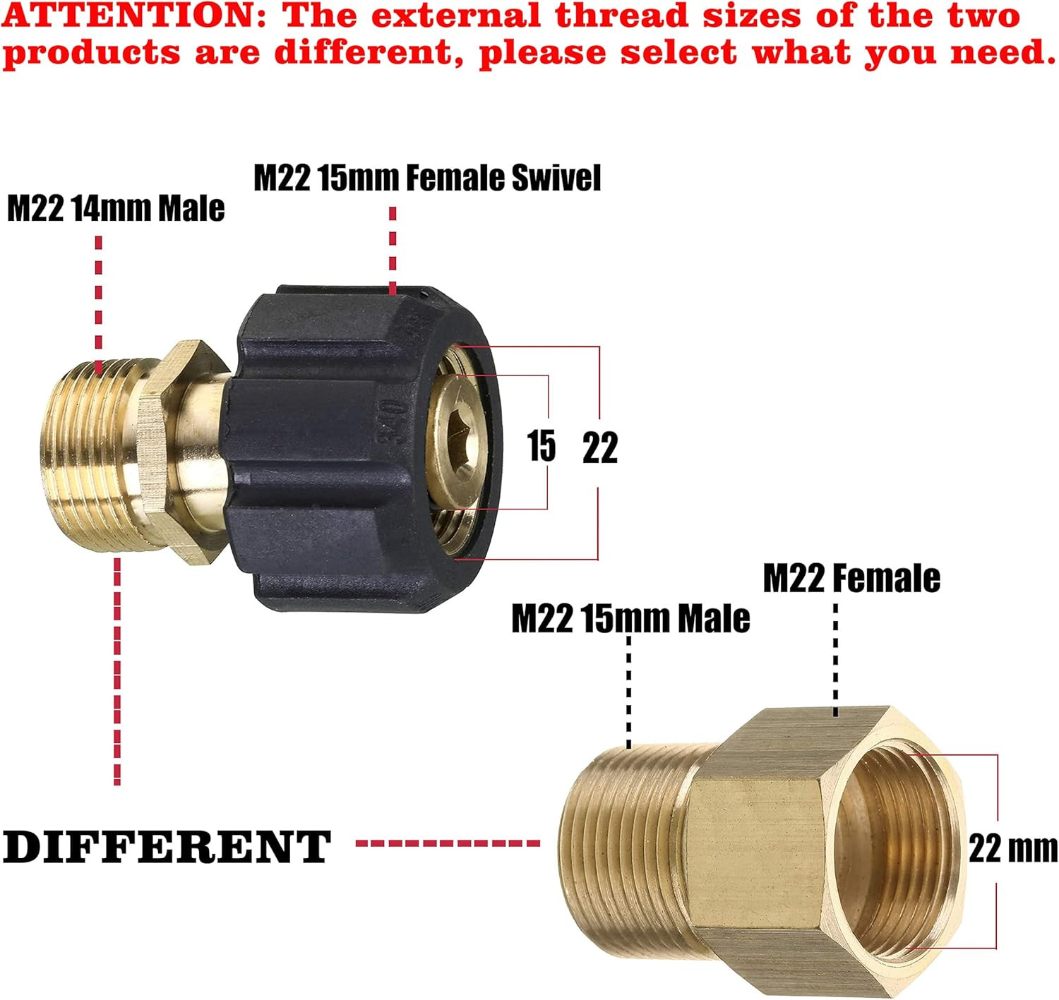 Pressure Washer Adapter, M22 15Mm Female to M22 14Mm Male Fitting, Power Washer