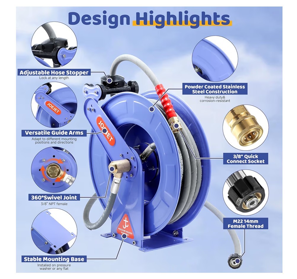 JOEJET Retractable Pressure Washer Hose Reel 3/8″ X 50 FT Power Washer 4000PSI