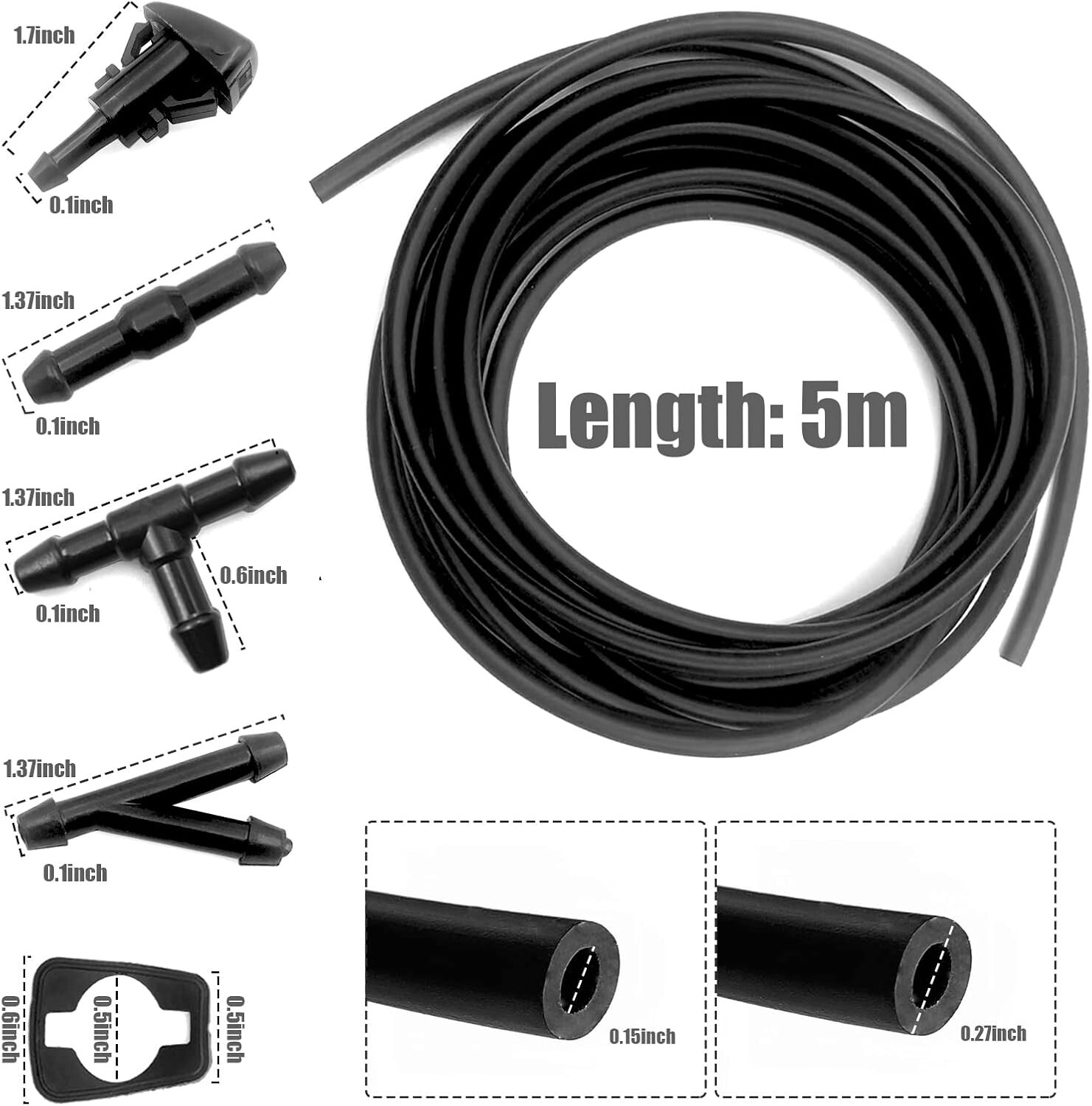 Windshield Washer Hose Kit, 5m Washer Fluid Hose+12 Pcs Hose Connectors+2 Fan No