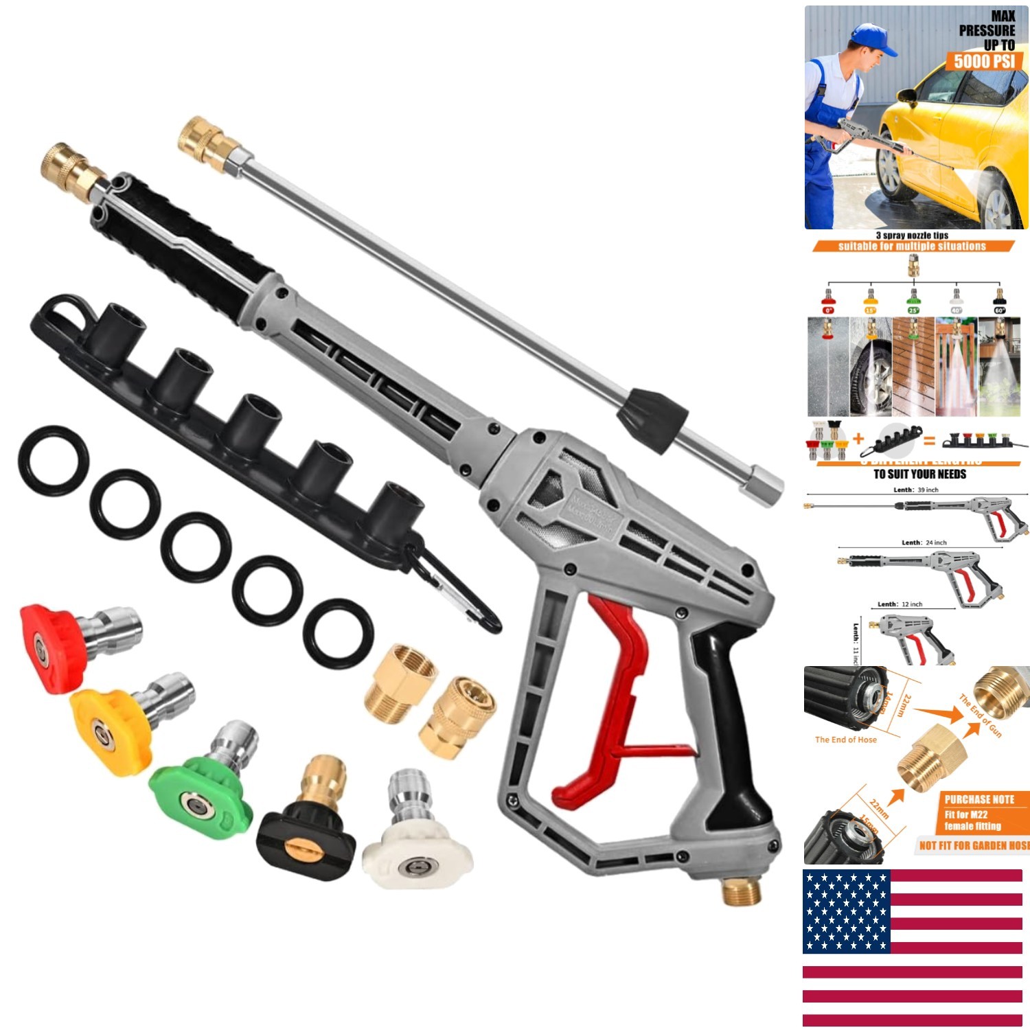 Professional 5000 PSI Pressure Washer Gun with Safety Lock and Extension Wand