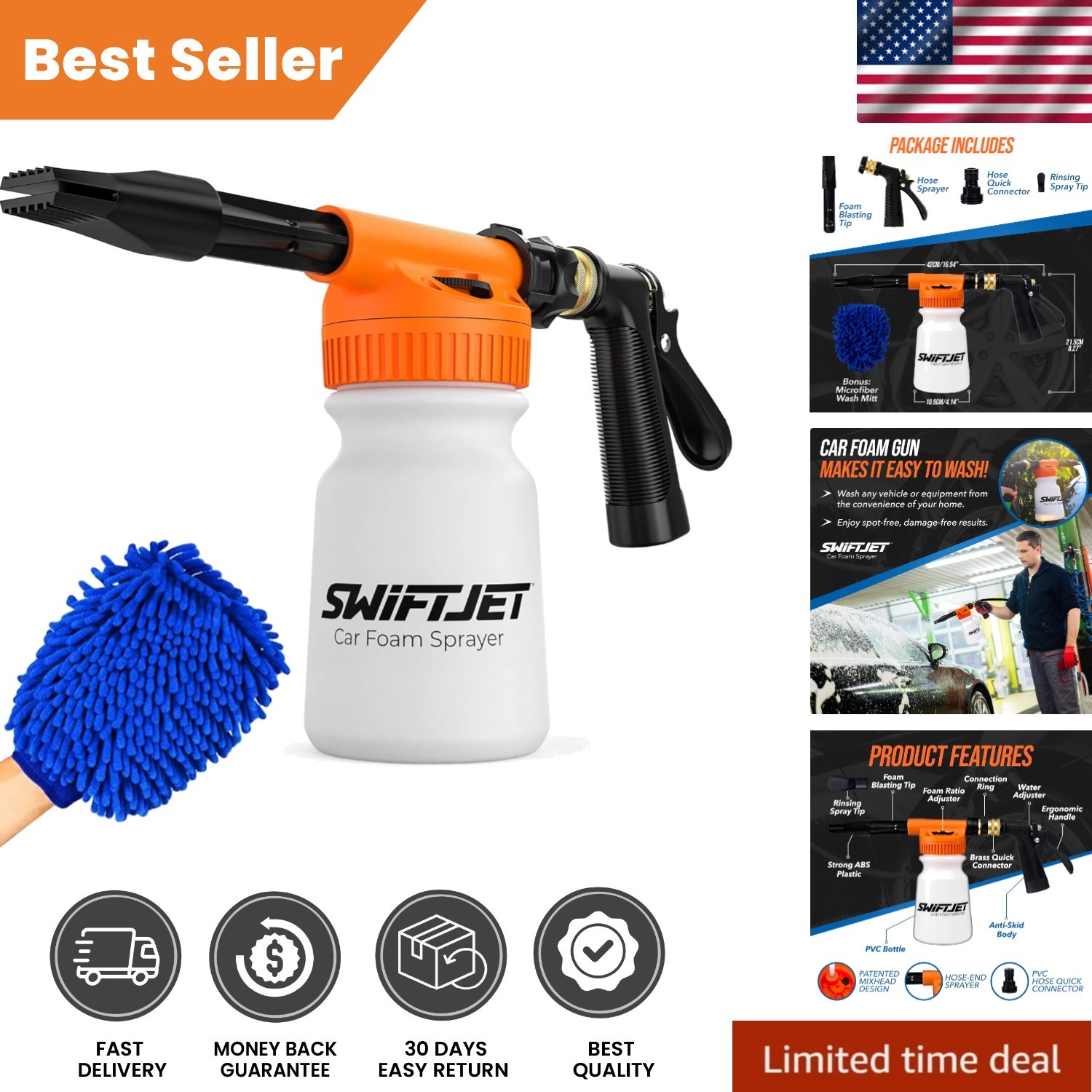 Foam Cannon Car Wash Kit – Adjustable Foam Gun & Microfiber Mitt Included