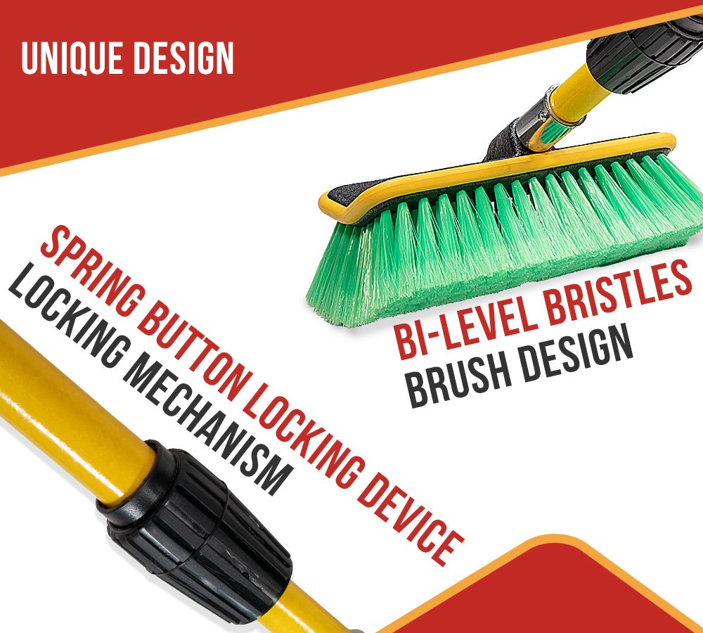 4Pc 10″ Bi-Level Car Wash Brush & 4′ to 8′ Long Handle w/Soft Bristles for Truck