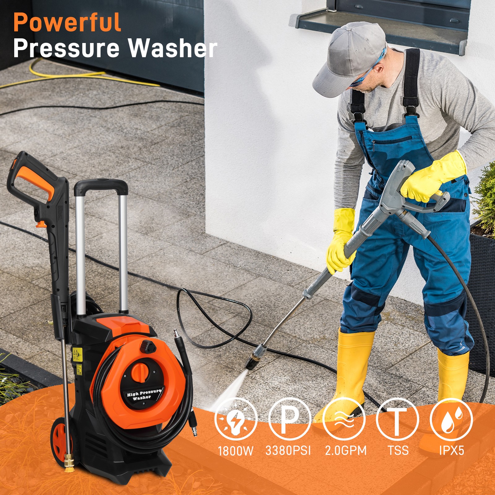4500PSI Electric Pressure Washer 2GPM, Telescopic Handle & Total Stop System