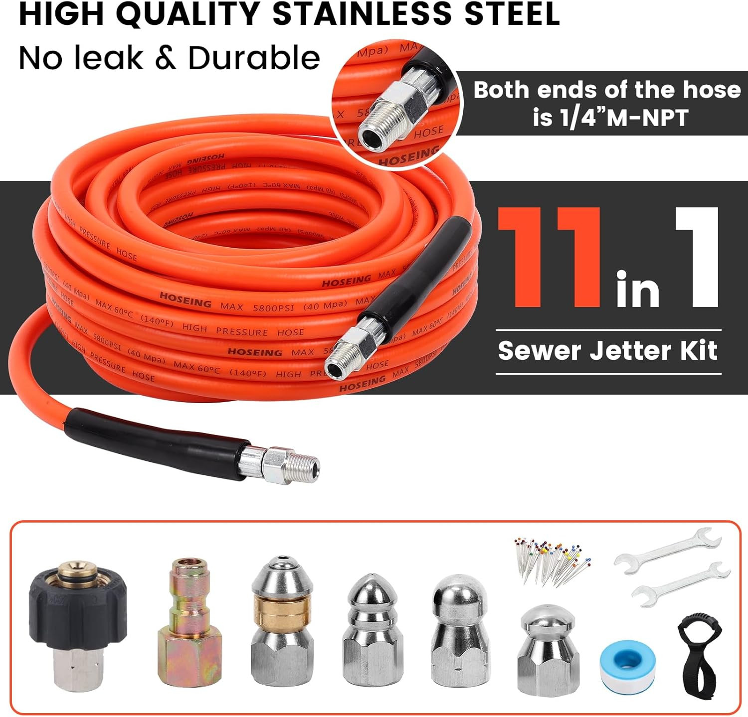 50FT Sewer Jetter Kit for Pressure Washer, 5800 PSI Water Jet Drain Cleaner