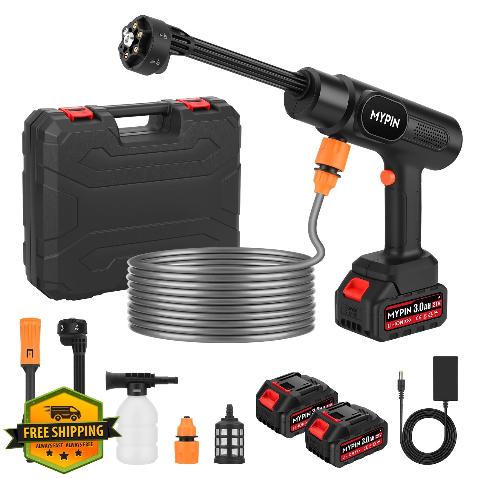 MYPIN Cordless Pressure Washer 600PSI 21V 2×3.0Ah