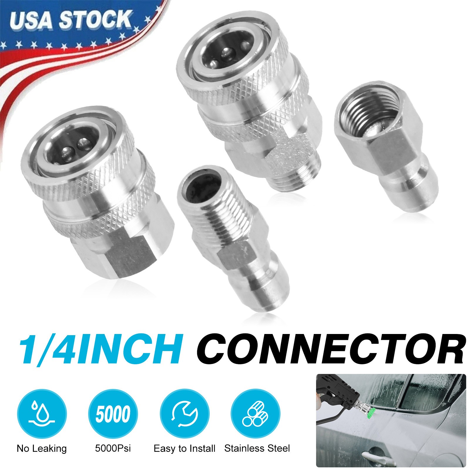 Stainless Steel 1/4″ NPT Pressure Washer Quick Connect Fittings Adapter 4Pcs