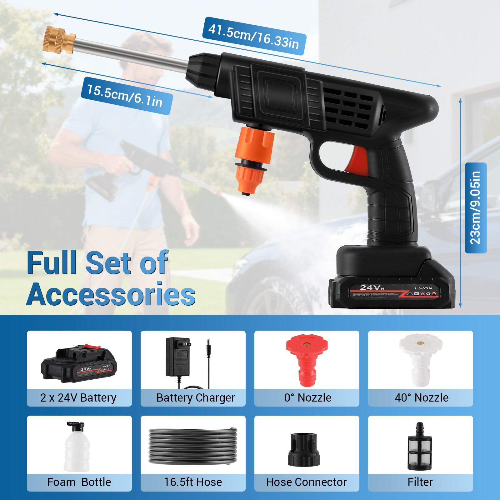 Cordless Pressure Washer Handheld Power Washer with 16.5ft Hose for Car Cleaning