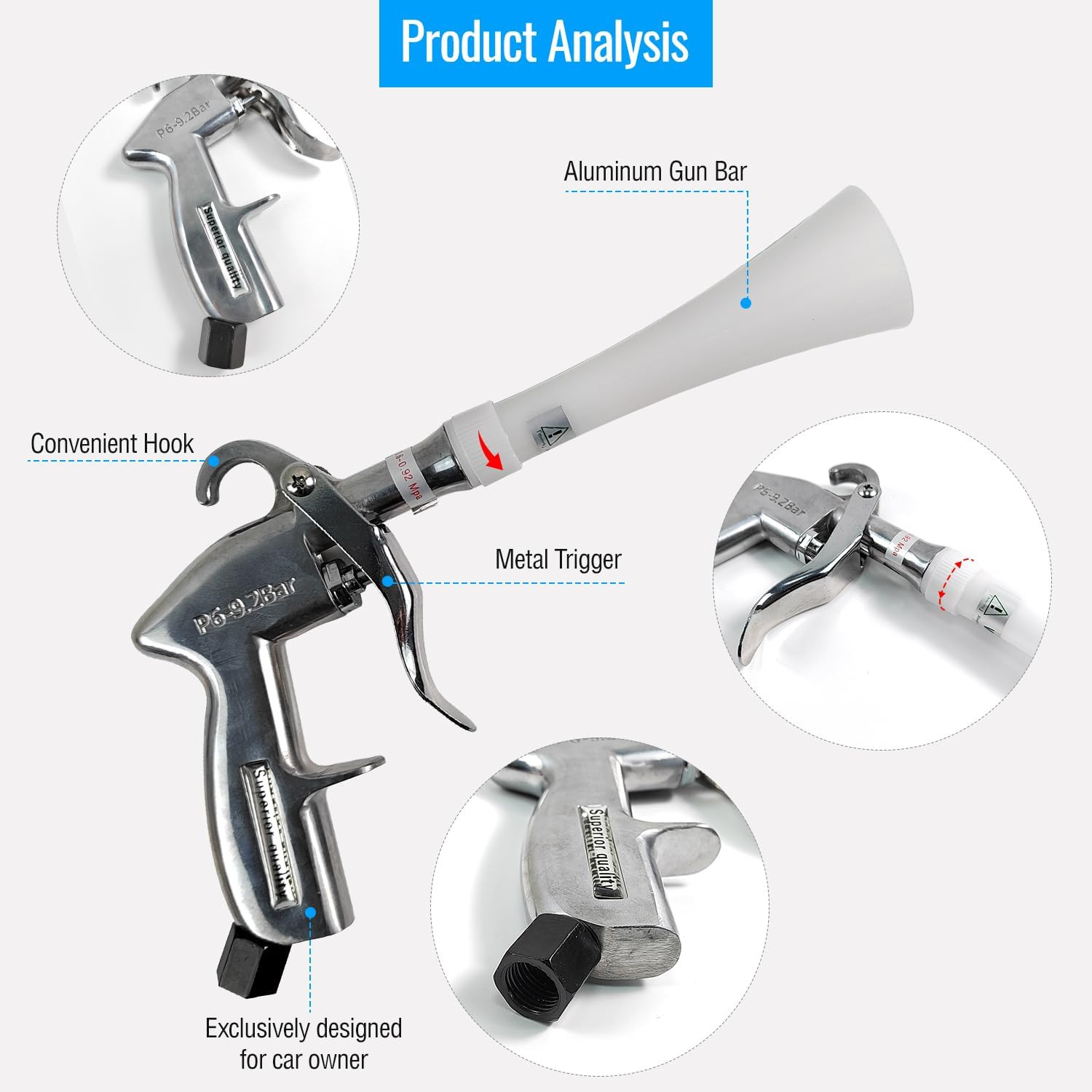 Aluminium Car Cleaning Gun with Tapered Nozzle, Air Blower for Car Detailing, Ai