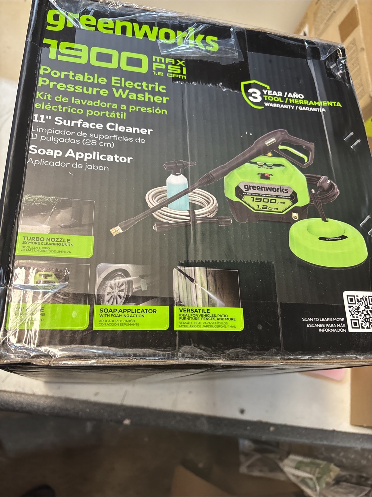 Greenworks 1900 PSI 1.2 GPM Electric Pressure Washer Kit. surface Cleaner.NB 011