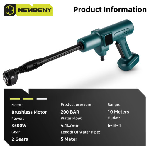 NEWBENY 200Bar Brushless High Pressure Car Washer Gun 6 in 1 Electric Garden Was