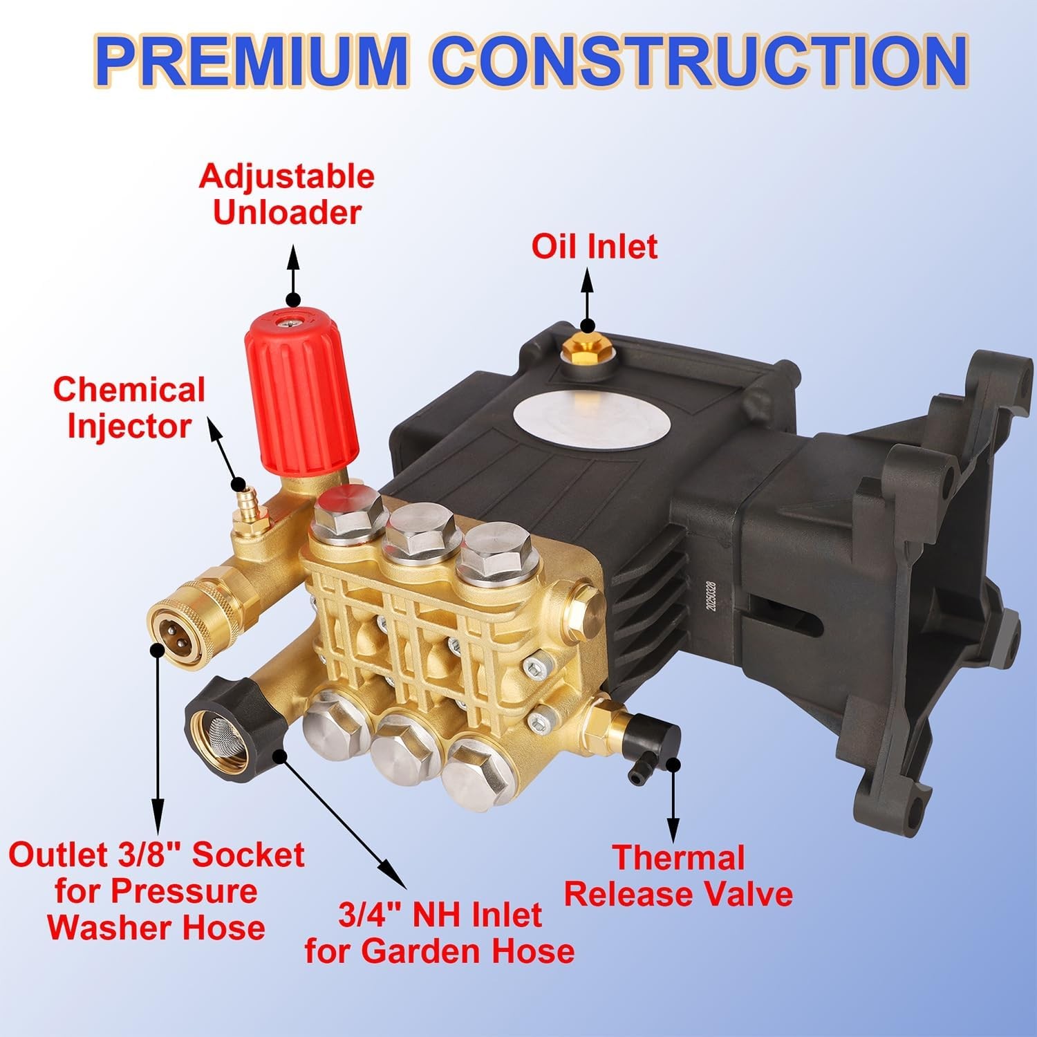 Pressure Washer Pump 1″ Shaft Horizontal Triplex Plunger 4400 PSI Max 4 GPM