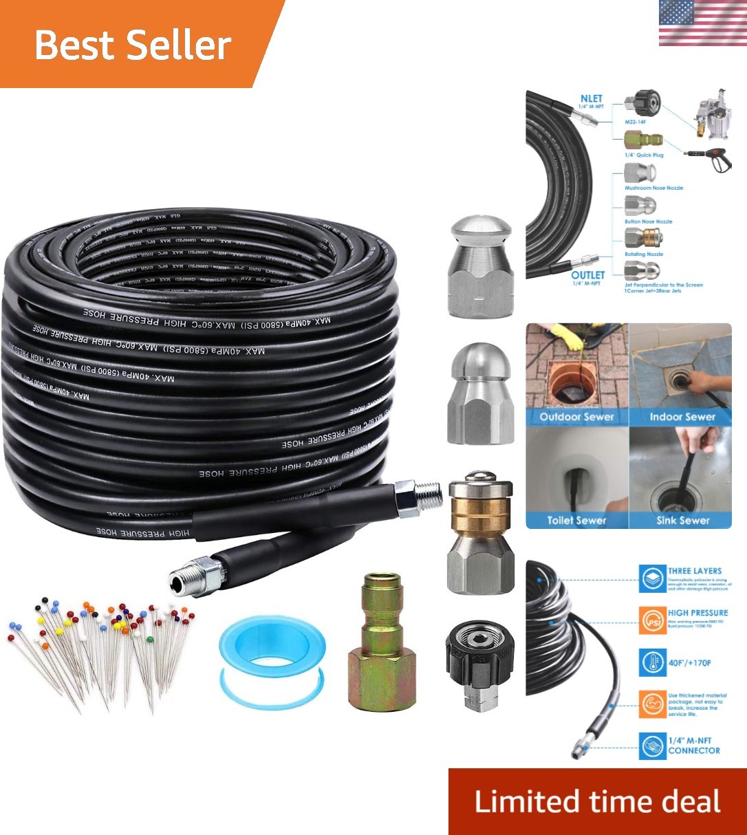 Sewer Jetter Kit, 50FT, 5800PSI, Plastic, 1/4 Inch NPT, 600 Inches, 1 Pack, 50FT