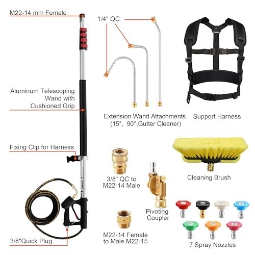 24 ft Telescoping Pressure Washer Wand with Brush Head & 7 Nozzle Tips