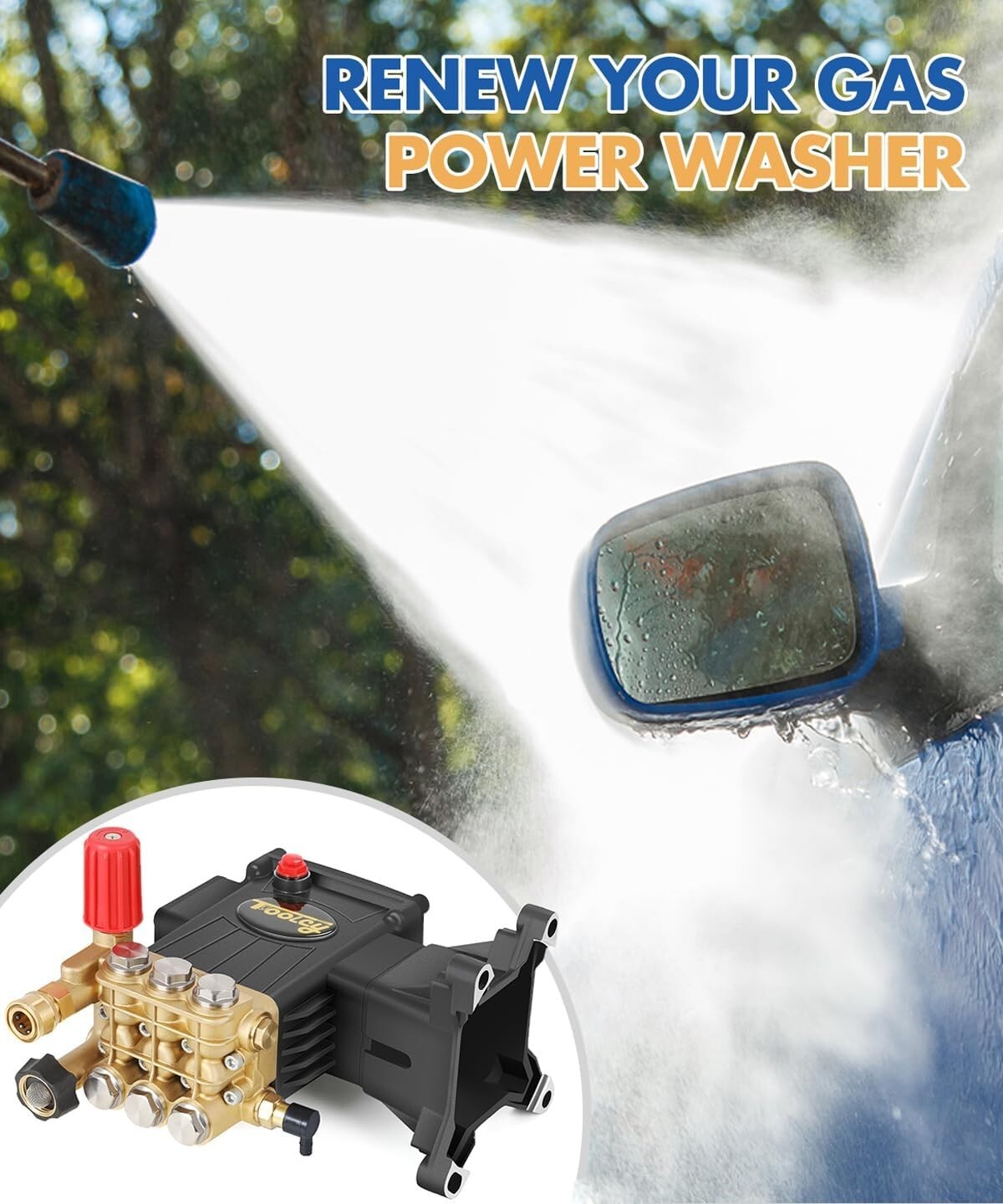 TOOLCY 4000 PSI Triplex Pressure Washer Pump 1″ Shaft Horizontal Plunger 4.2 GPM