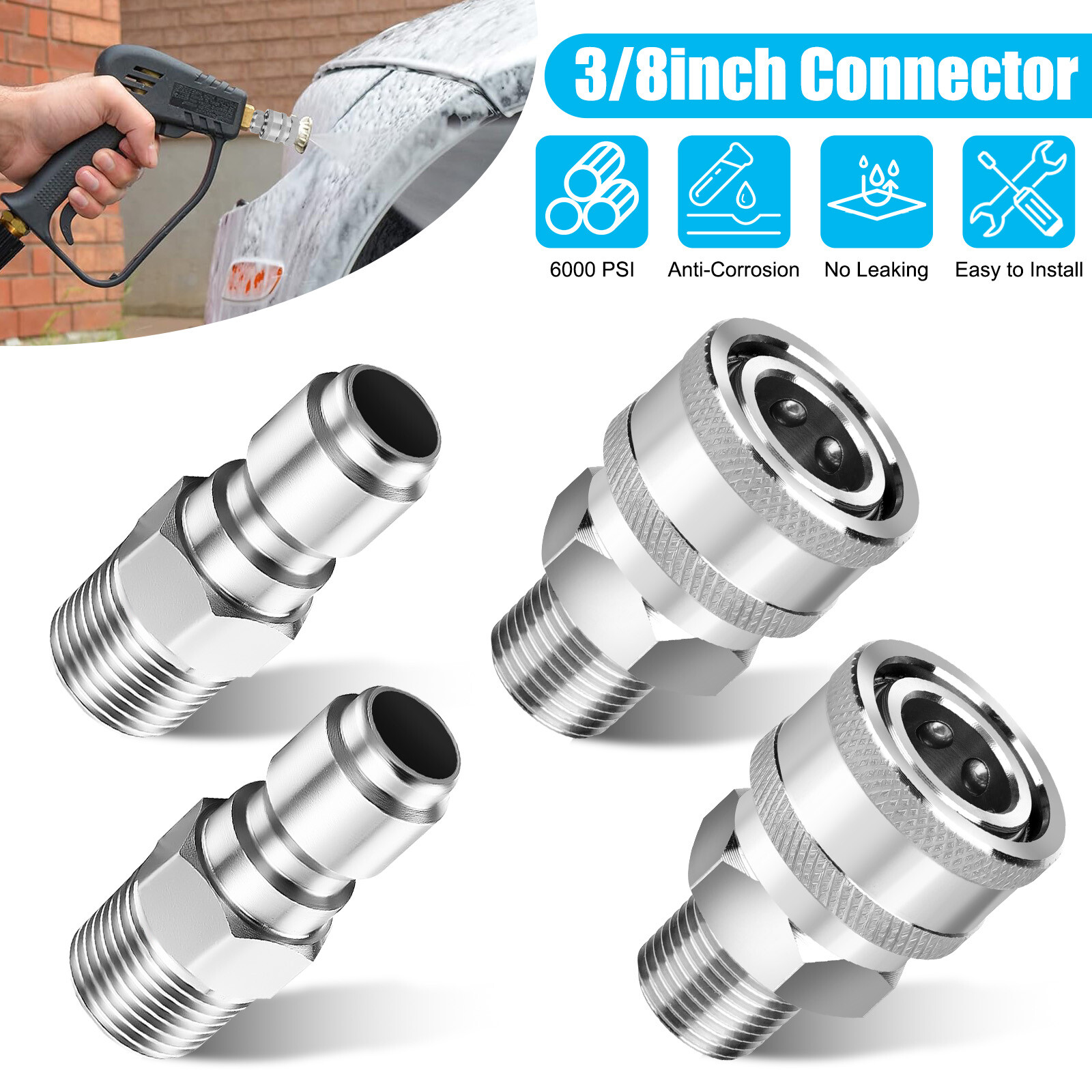 4Pcs 3/8″ NPT Stainless Steel Quick Connect Fitting Pressure Washer Adapter Set