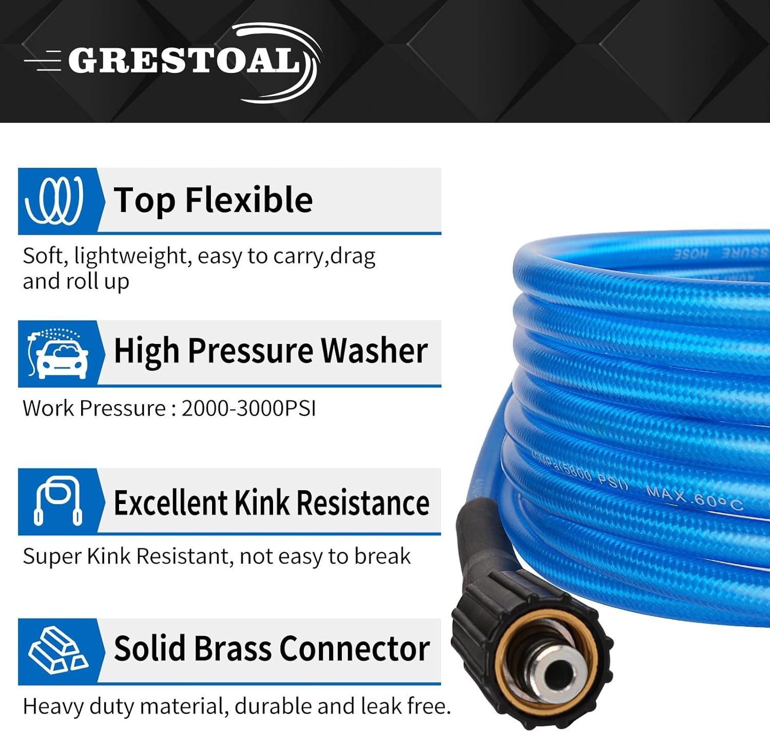 25 FT Kink Resistant Pressure Washer Hose with M22 Fittings, 3000 PSI Power