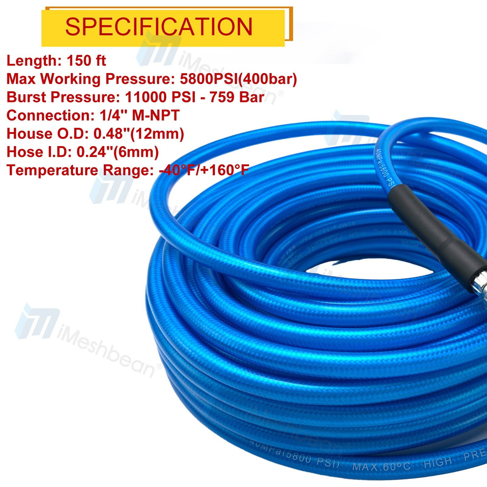 Sewer Jetter Kit for Pressure Washer 150FT 1/4″ M-NPT 5800PSI Drain Cleaner Hose