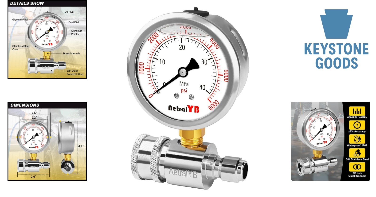 6000 PSI Stainless Steel Pressure Washer Gauge with Dual Scale & Quick Connect