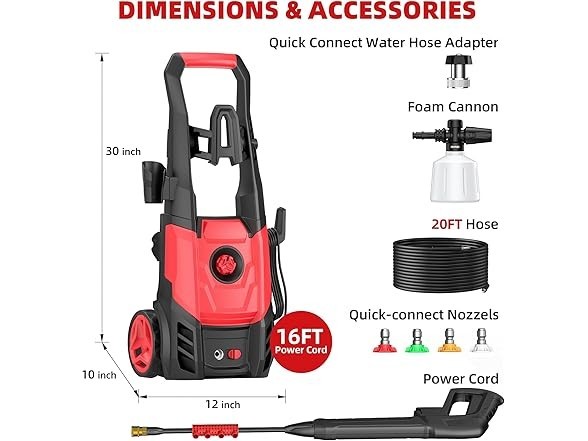 Paporia 2.5 Max GPM Electric Pressure Washer w/Foam Cannon, 20FT Hose -FAST SHP