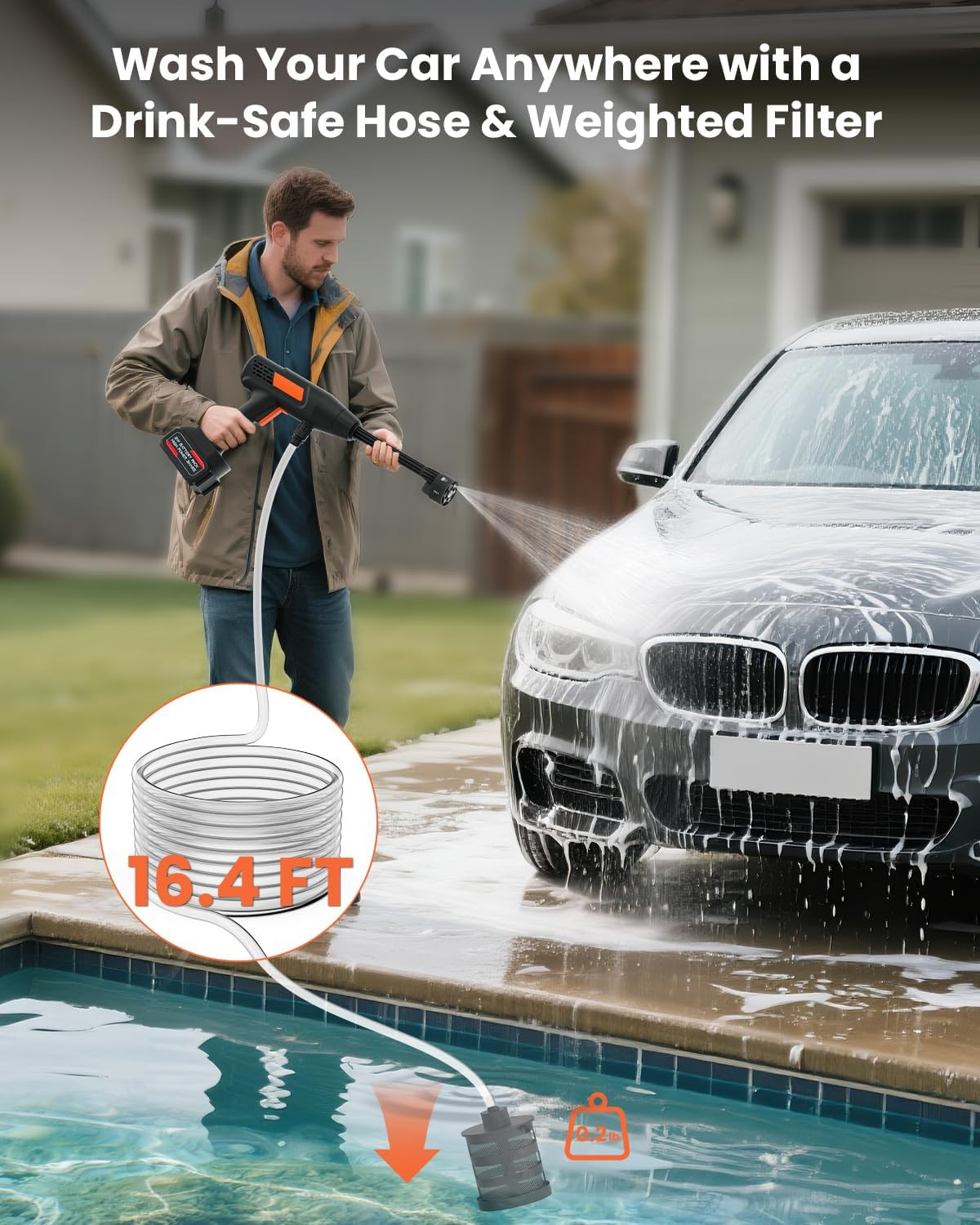 Cordless Pressure Washer Battery Powered 1100PSI Portable Power Washer Gun with