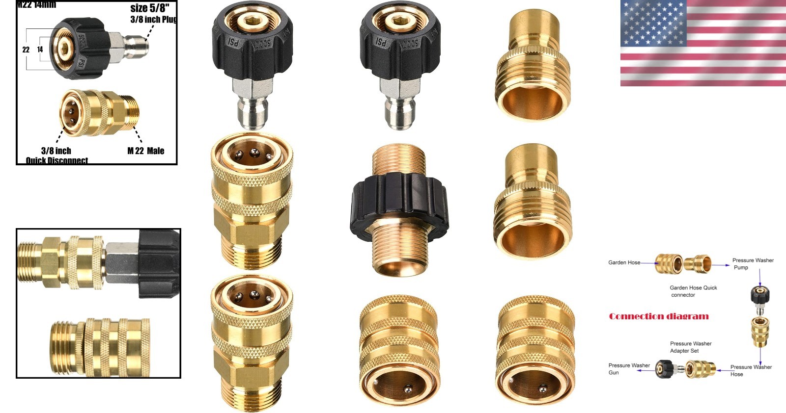 Durable 9-Pack Pressure Washer Fittings – M22 Brass Connectors for 5000 PSI