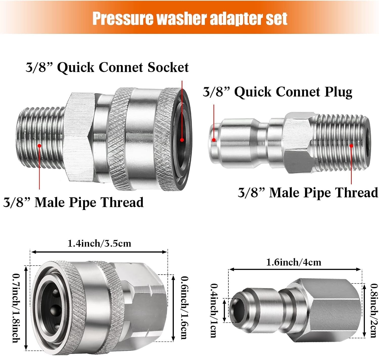 4 Sets NPT 3/8 Inch Stainless Steel Pressure Washer Adapters Set