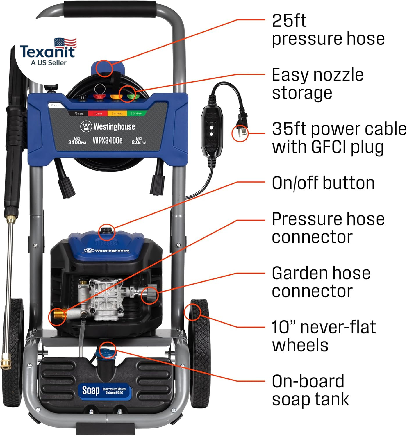 Wpx3400E Electric Pressure Washer, 3400 Max PSI and 2.0 Max GPM, Brushless Motor
