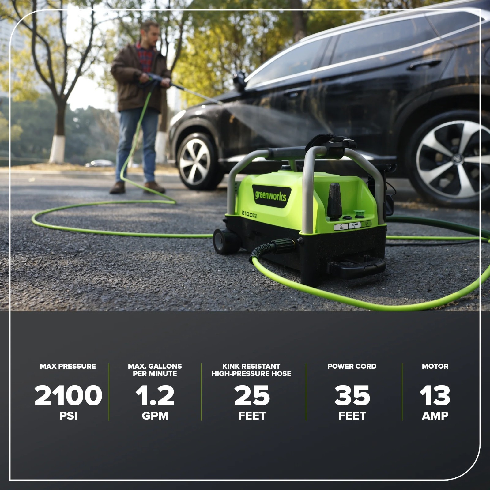 Greenworks 2100PSI 1.2GPM Portable Electric Pressure Washer 25Ft Hose 35Ft Cord