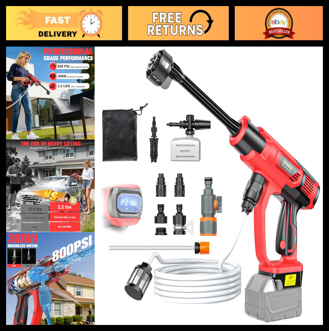 Portable Cleaning Tool for 18V Battery, 2.2LBS, 16.4ft Hose & 6-in-1 Nozzle – Ca