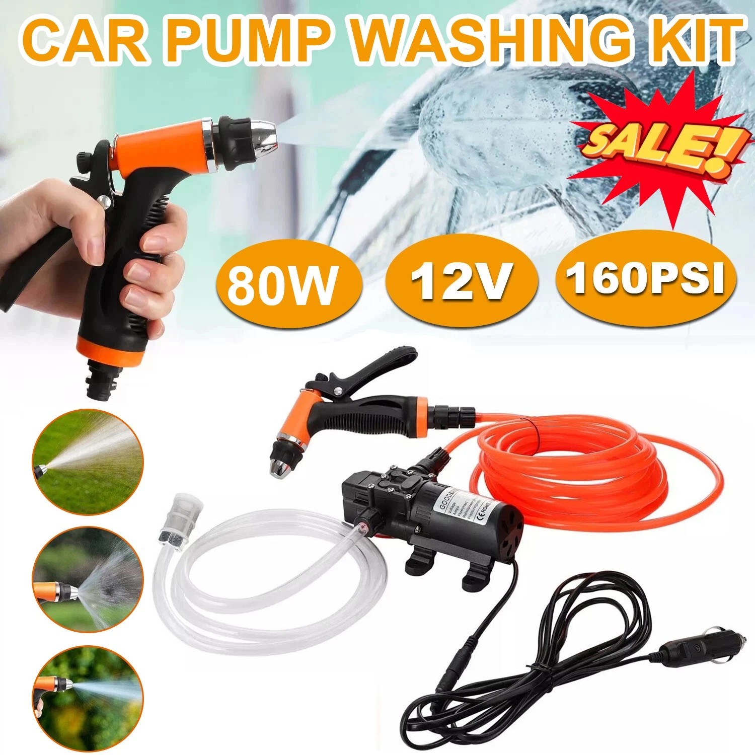 12V Pressure Washer For Car Portable Power Washer 160PSI Self-Priming Wash Pump